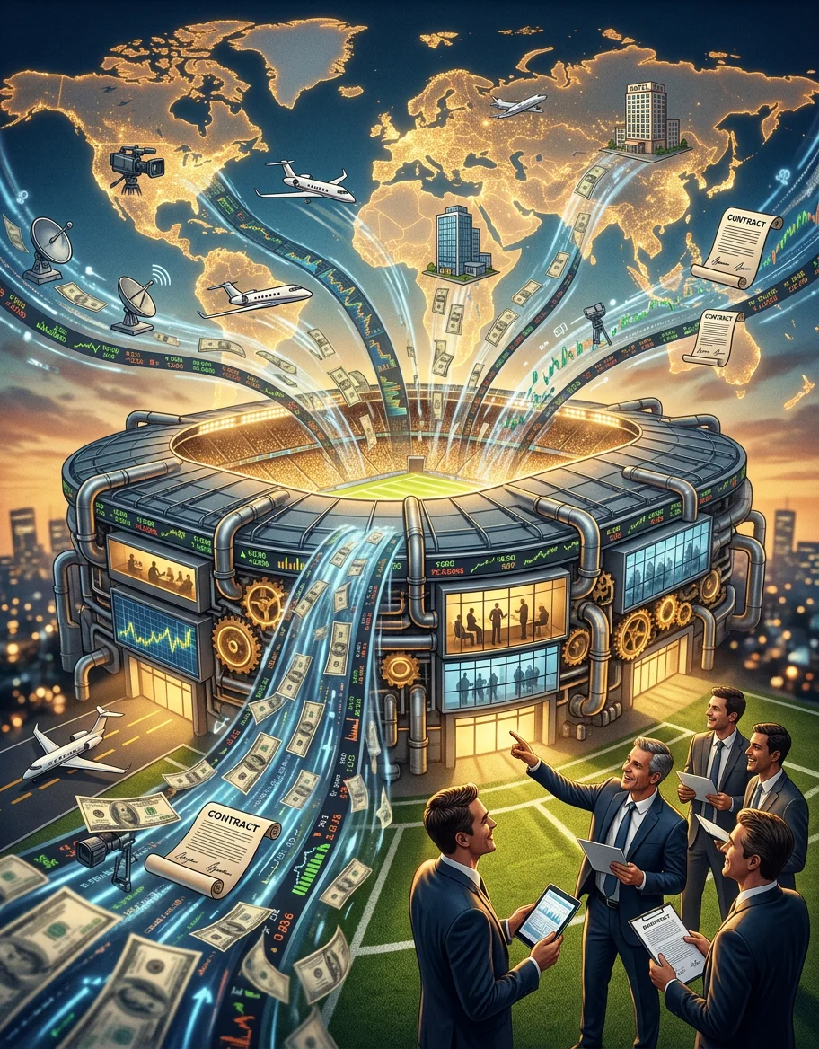 Firefly_Gemini Flash_A gigantic illuminated football stadium transformed into a money-making machine, real 339653